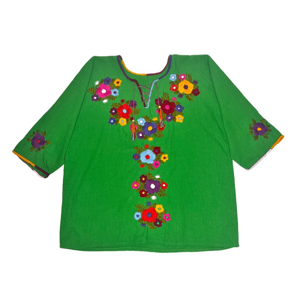 Authentic Hand-Crafted Mexican Floral Embroidered Tassel Tie Top Medium